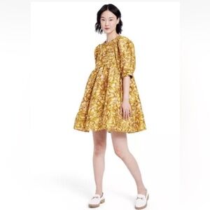 Kika Vargas For Target Dress Medium Gold Mini Puff Sleeve Mum Floral NWT